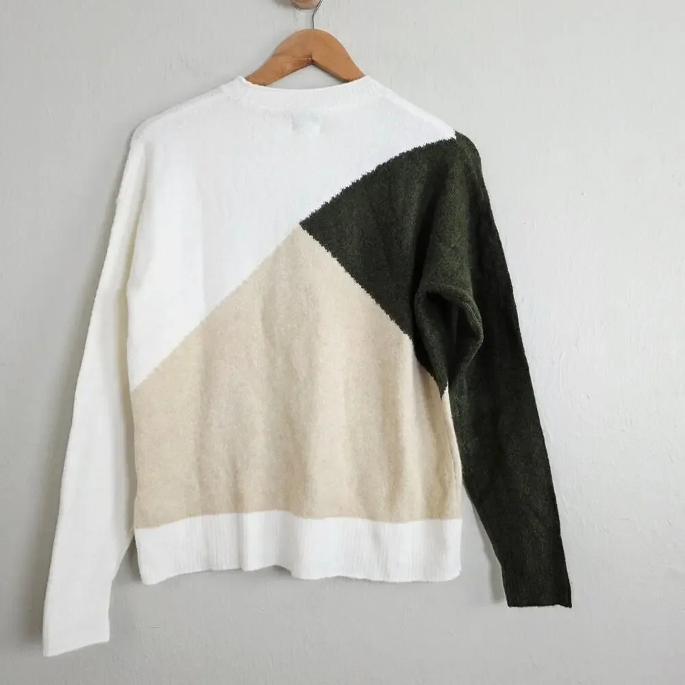 J. Crew Colorblock Mockneck Sweater Merino Wool Blend Green Cream White NWT XS
